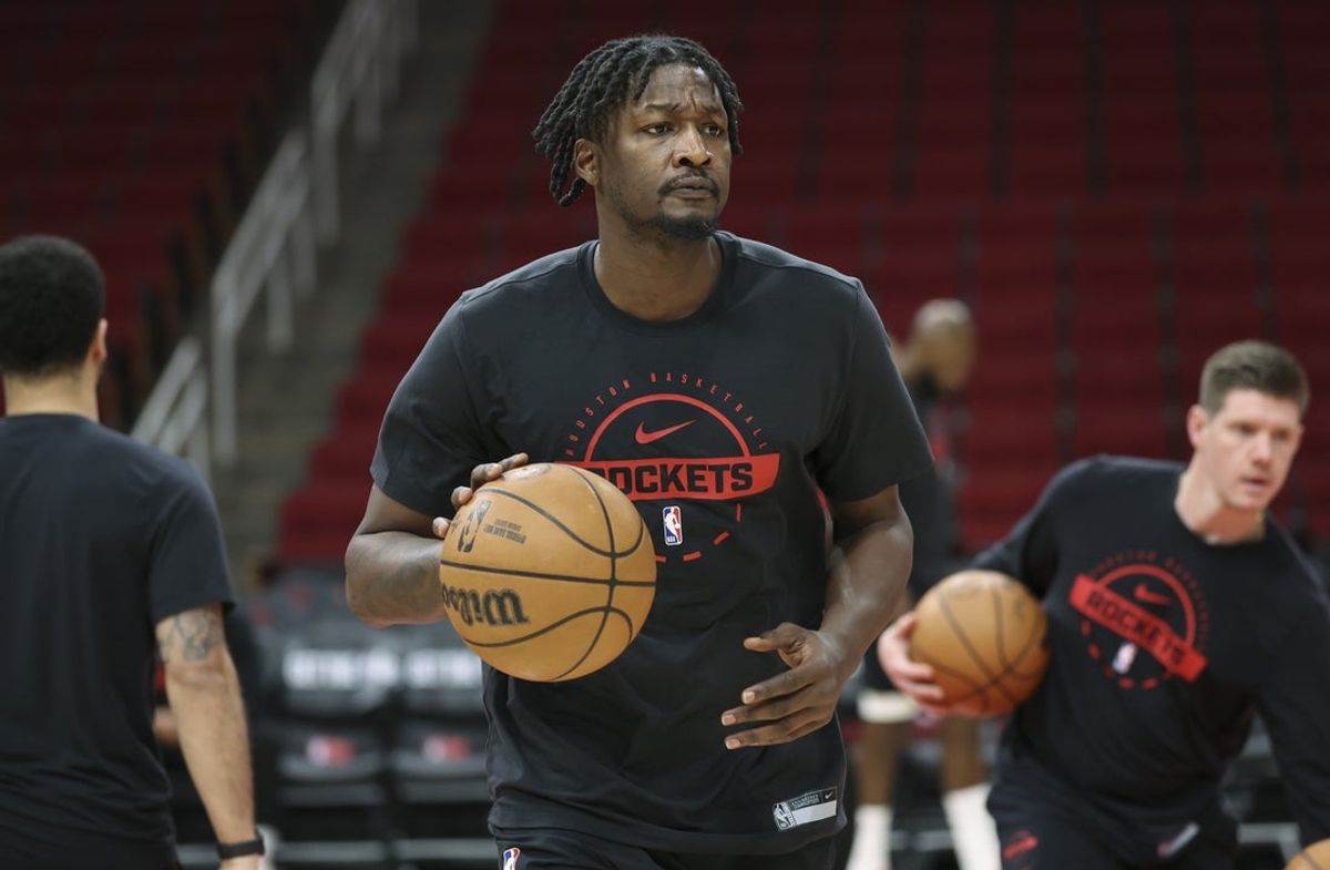 Jan 31, 2026; Houston, Texas, USA; Houston Rockets forward Dorian Finney-Smith (2) warms up before the game against the Dallas Mavericks at Toyota Center. Mandatory Credit: Troy Taormina-Imagn Images