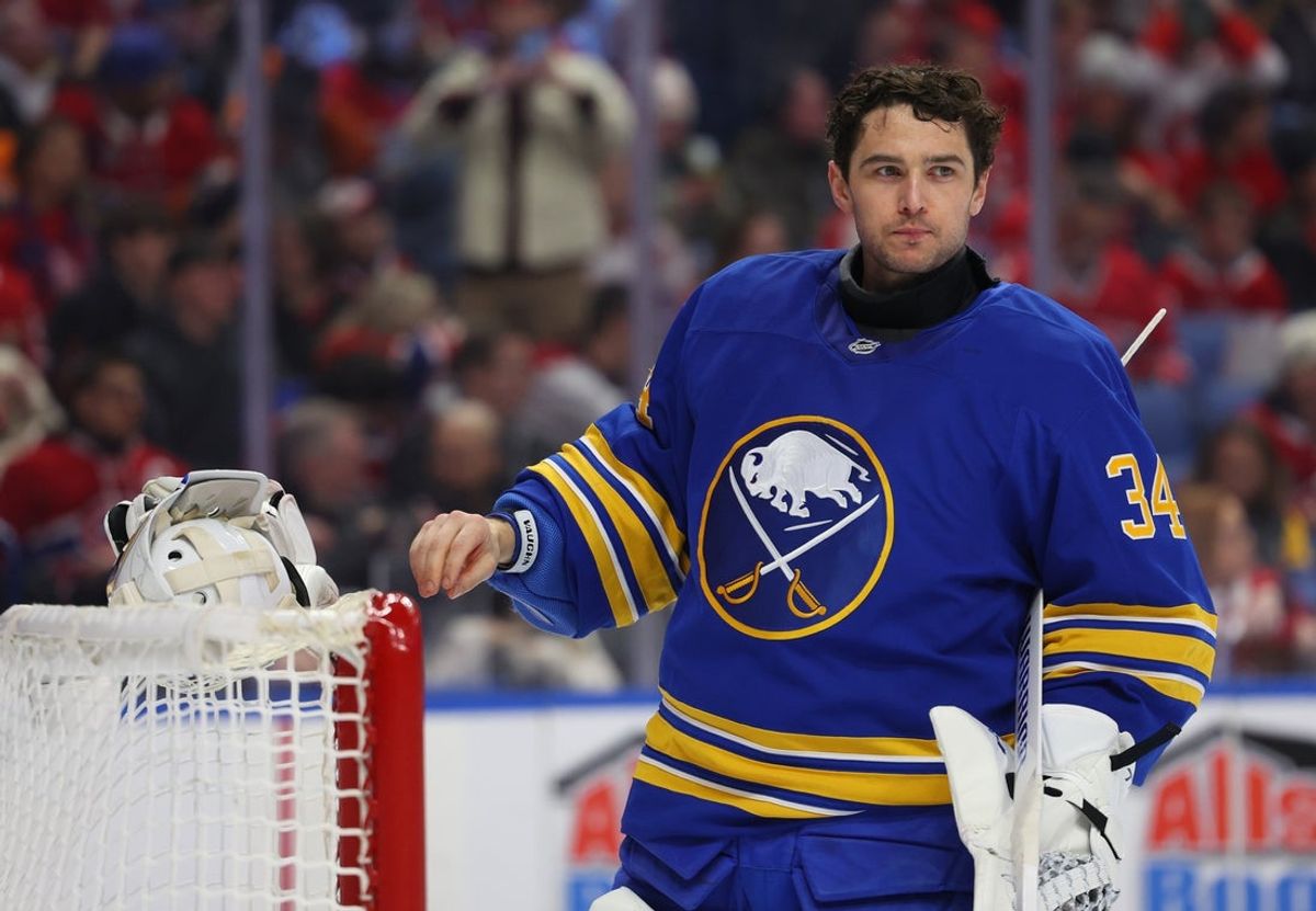 Jan 31, 2026; Buffalo, New York, USA;  Buffalo Sabres goaltender Alex Lyon (34) before the start of a game against the Montréal Canadiens at KeyBank Center. Mandatory Credit: Timothy T. Ludwig-Imagn Images