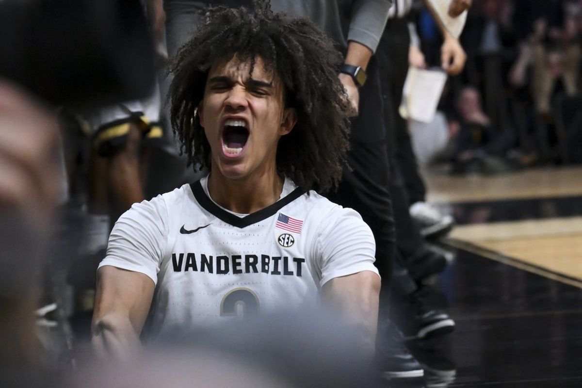 Jan 31, 2026; Nashville, TN, USA;  Vanderbilt Commodores guard Tyler Tanner (3) reacts after getting fouled and making the basket against the Mississippi Rebels during the second half at Memorial Gymnasium. Mandatory Credit: Steve Roberts-Imagn Images