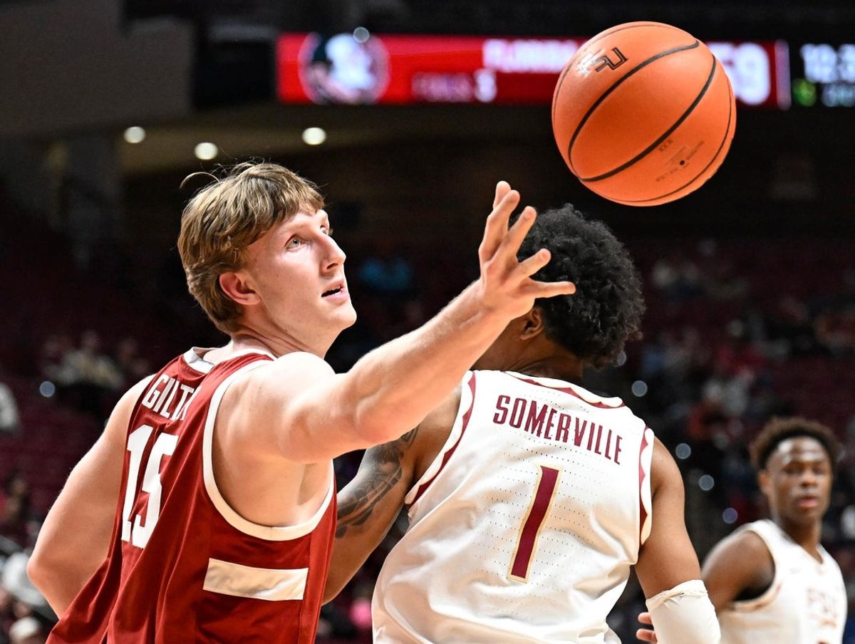 Jan 31, 2026; Tallahassee, Florida, USA; Stanford Cardinal forward Oskar Giltay (15) reaches for a loose ball during the second half against the Florida State Seminoles at Donald L. Tucker Center. Mandatory Credit: Melina Myers-Imagn Images
