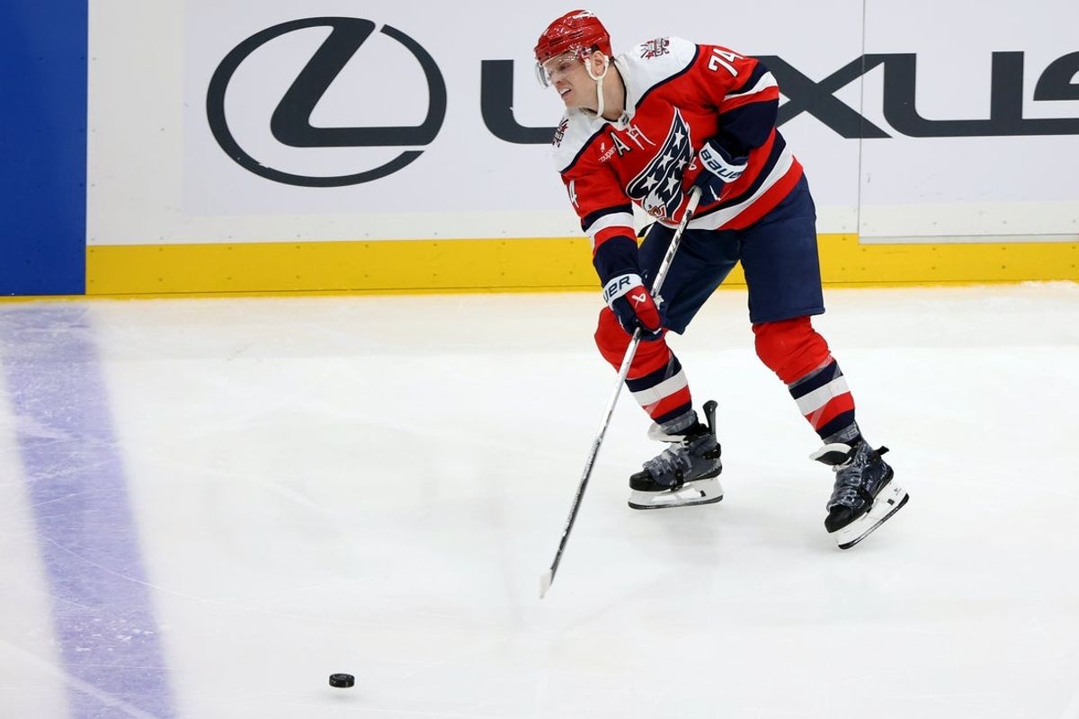 Jan 31, 2026; Washington, District of Columbia, USA; Washington Capitals defenseman John Carlson (74) passes the puck during the third period against the Carolina Hurricanes at Capital One Arena. Mandatory Credit: Daniel Kucin Jr.-Imagn Images