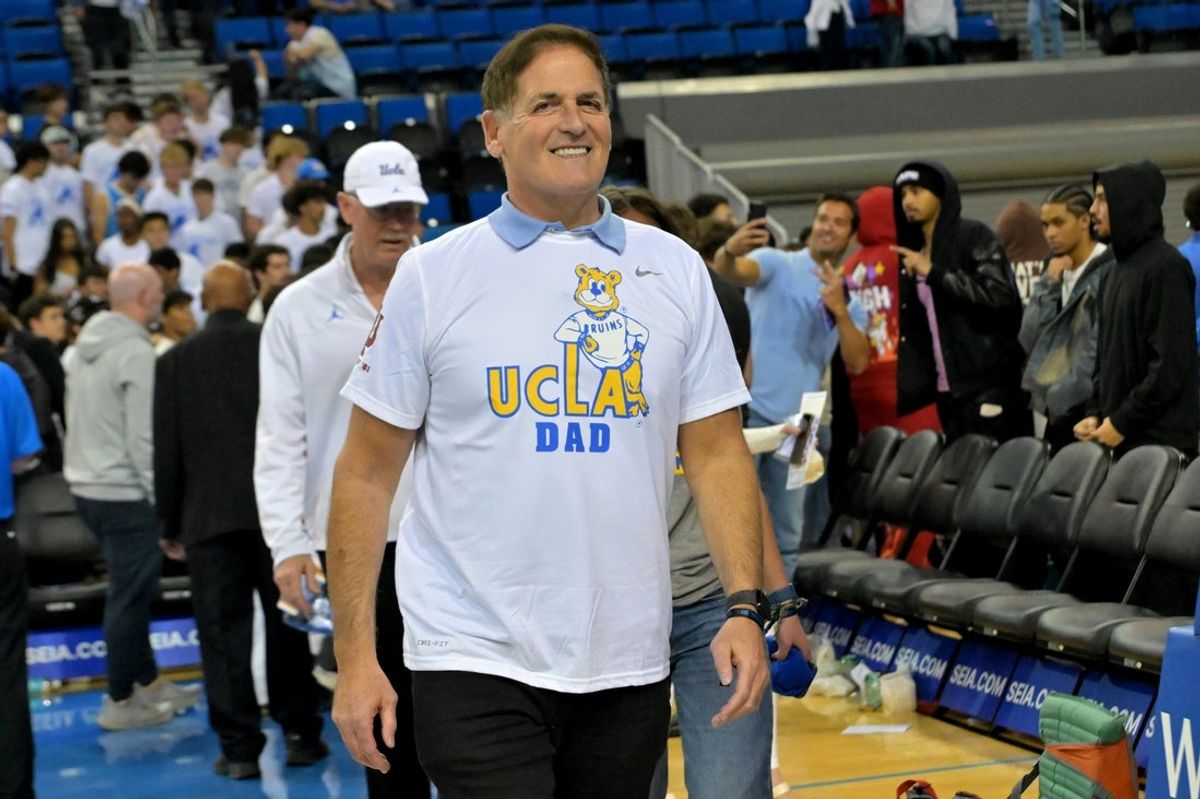 Jan 31, 2026; Los Angeles, California, USA; Mark Cuban walks off the court after the game between the UCLA Bruins and the Indiana Hoosiers at Pauley Pavilion presented by Wescom Financial. Mandatory Credit: Jayne Kamin-Oncea-Imagn Images
