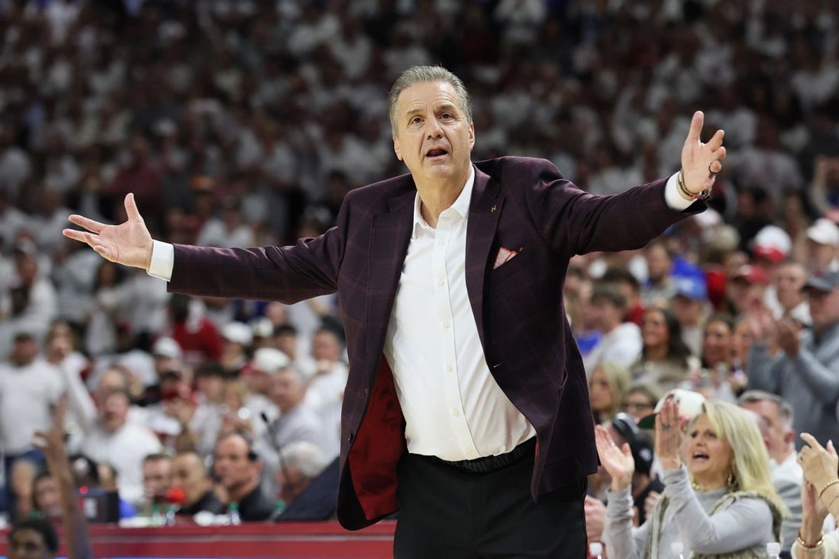 Jan 31, 2026; Fayetteville, Arkansas, USA; Arkansas Razorbacks head coach John Calipari reacts after a call during the second half Kentucky Wildcats at Bud Walton Arena. Kentucky won 85-77. Mandatory Credit: Nelson Chenault-Imagn Images