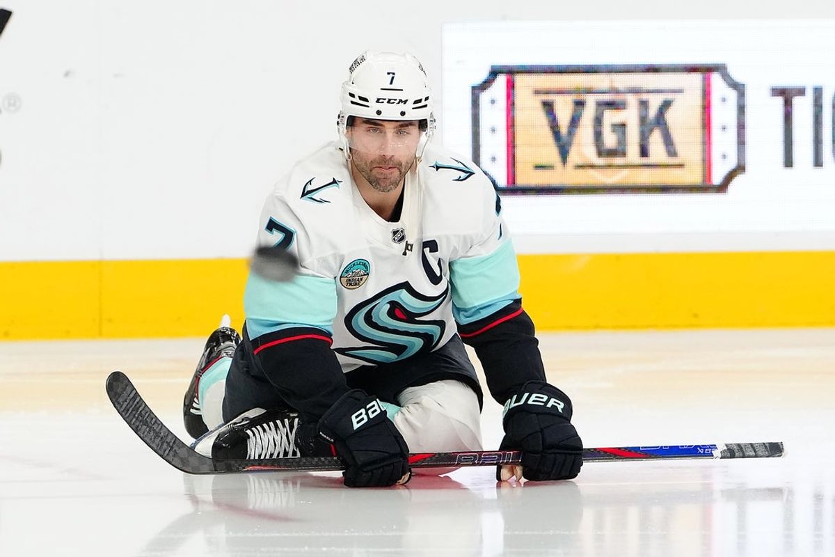 Jan 31, 2026; Las Vegas, Nevada, USA; Seattle Kraken right wing Jordan Eberle (7) warms up before a game against the Vegas Golden Knights at T-Mobile Arena. Mandatory Credit: Stephen R. Sylvanie-Imagn Images