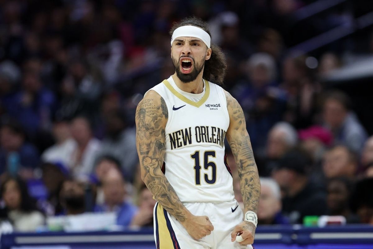 Jan 31, 2026; Philadelphia, Pennsylvania, USA; New Orleans Pelicans guard Jose Alvarado (15) reacts to his three pointer against the Philadelphia 76ers during the fourth quarter at Xfinity Mobile Arena. Mandatory Credit: Bill Streicher-Imagn Images