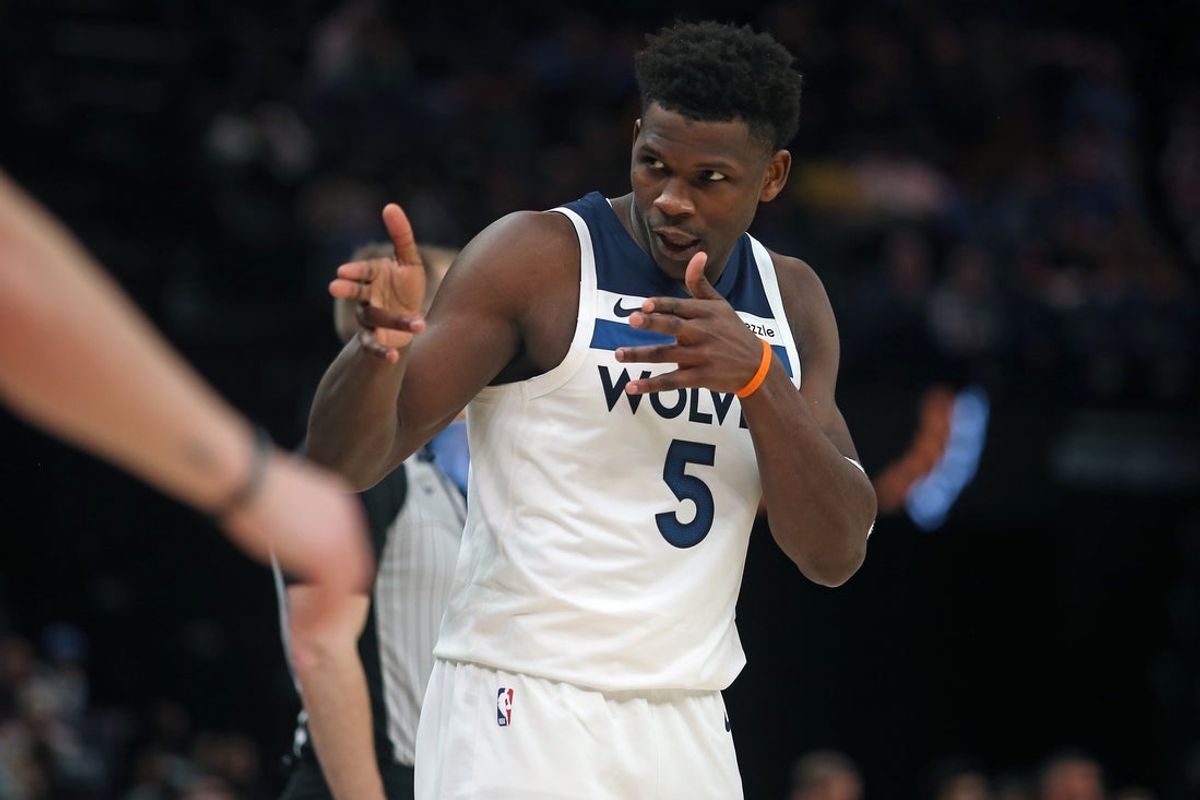 Jan 31, 2026; Memphis, Tennessee, USA; Minnesota Timberwolves guard Anthony Edwards (5) reacts during the fourth quarter against the Memphis Grizzlies at FedExForum. Mandatory Credit: Petre Thomas-Imagn Images
