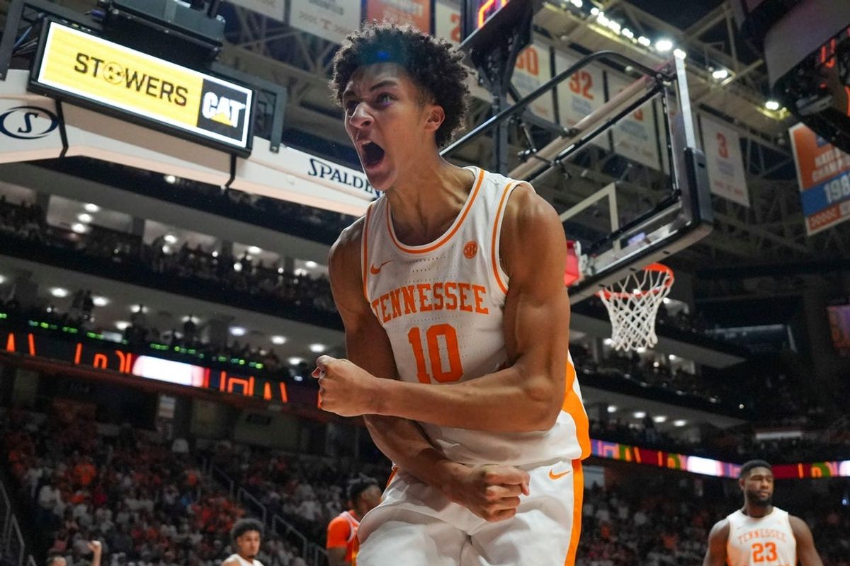Tennessee forward Nate Ament (10) celebrates making a basket and getting fouled on during a NCAA basketball game between the Tennessee Volunteers and Auburn Tigers at Thompson-Boling Arena at Food City Center in Knoxville, Tenn., on Jan. 31, 2026.