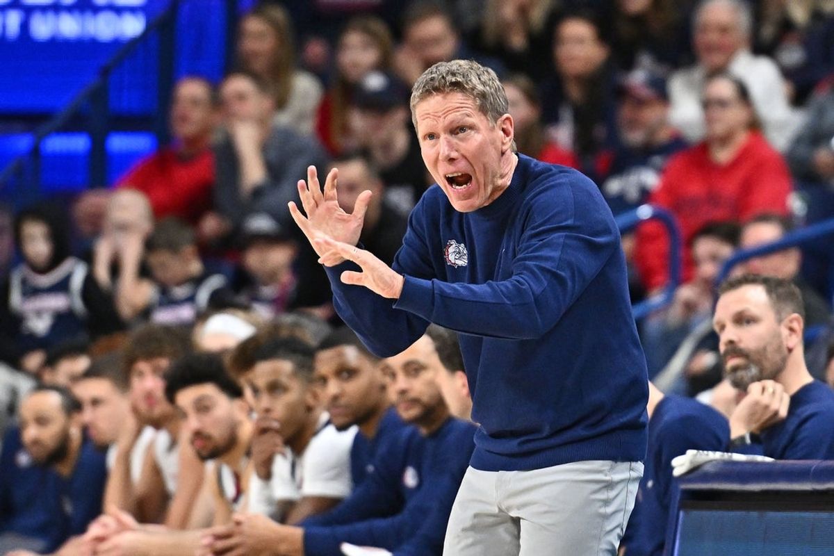 Jan 31, 2026; Spokane, Washington, USA; Gonzaga Bulldogs head coach Mark Few reacts after a play against the Saint Mary's Gaels in the second half at McCarthey Athletic Center. Gonzaga Bulldogs won 73-65. Mandatory Credit: James Snook-Imagn Images