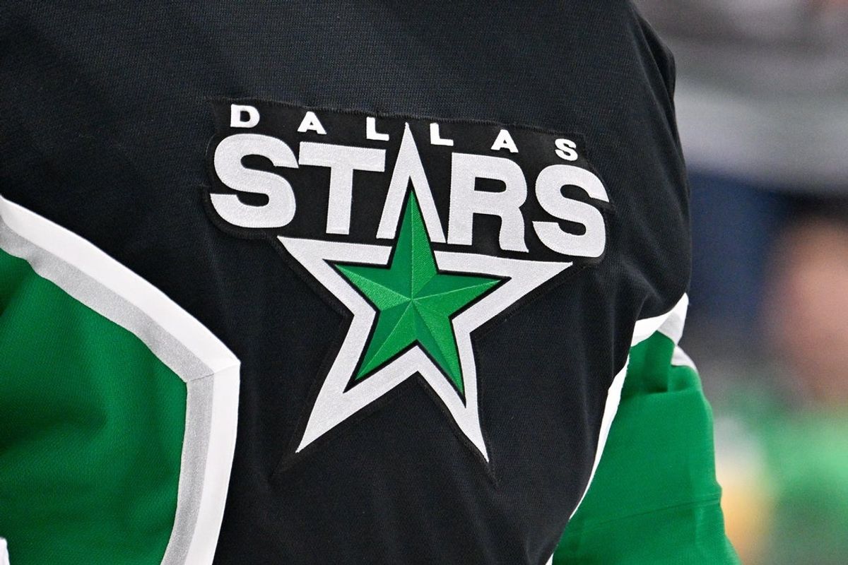 Jan 18, 2026; Dallas, Texas, USA; A view of the Dallas Stars logo on the jersey of goaltender Jake Oettinger (29) during the game at the American Airlines Center. Mandatory Credit: Jerome Miron-Imagn Images
