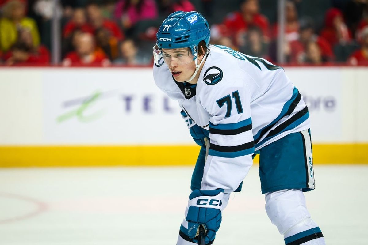 Jan 31, 2026; Calgary, Alberta, CAN; San Jose Sharks center MacKlin Celebrini (71) during the face off against the Calgary Flames during the third period at Scotiabank Saddledome. Mandatory Credit: Sergei Belski-Imagn Images