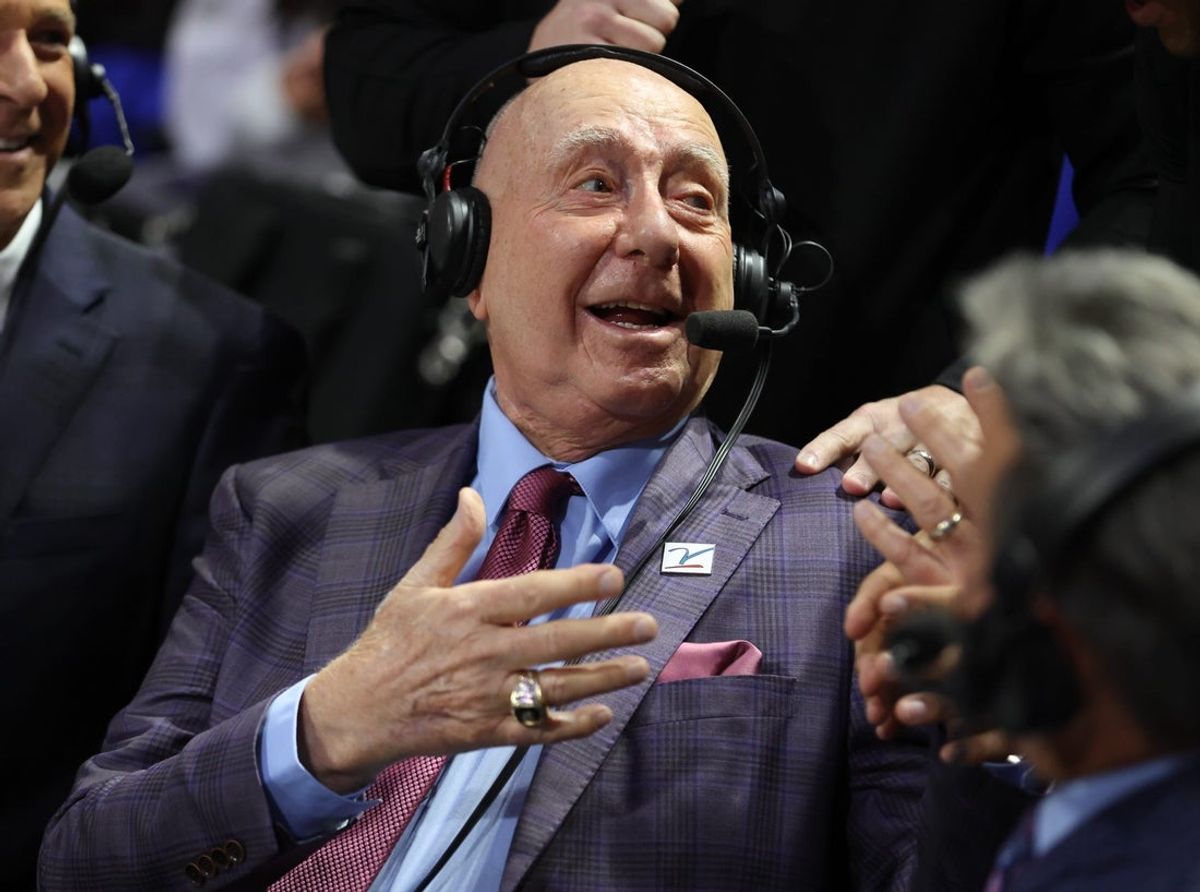 Legendary broadcaster Dick Vitale greets the rest of the broadcasting table during the first half of an NCAA Mens basketball game at Steven C. O'Connell Center Exactek arena in Gainesville, FL on Sunday, February 1, 2026. [Alan Youngblood/Gainesville Sun]