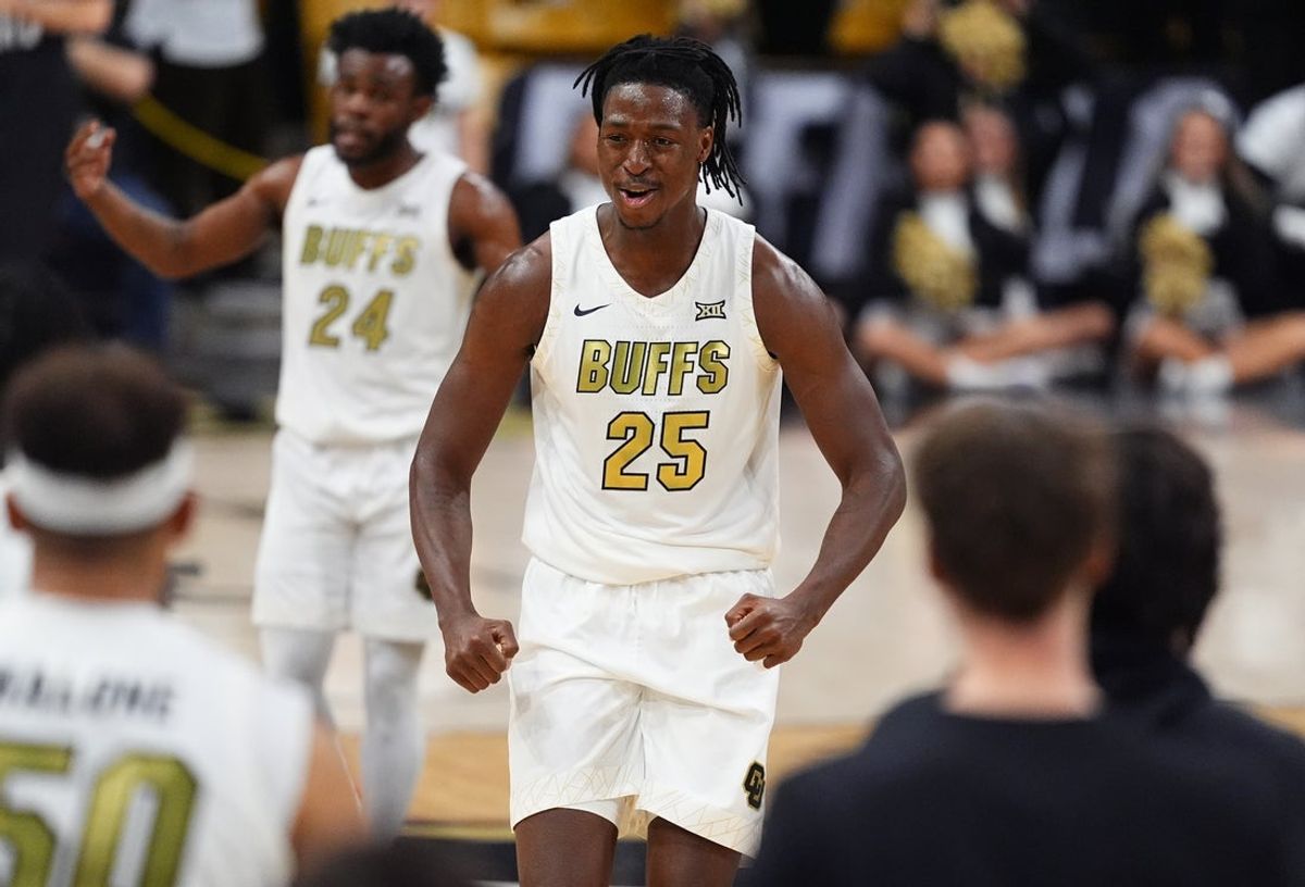 Feb 1, 2026; Boulder, Colorado, USA; Colorado Buffaloes center Fawaz Ifaola (25) reacts to a play in the first half against Texas Christian University Horned Frogs at the CU Events Center. Mandatory Credit: Ron Chenoy-Imagn Images
