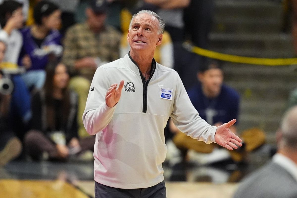 Feb 1, 2026; Boulder, Colorado, USA; Texas Christian University Horned Frogs head coach Jamie Dixon reacts in the first half against the Colorado Buffaloes at the CU Events Center. Mandatory Credit: Ron Chenoy-Imagn Images