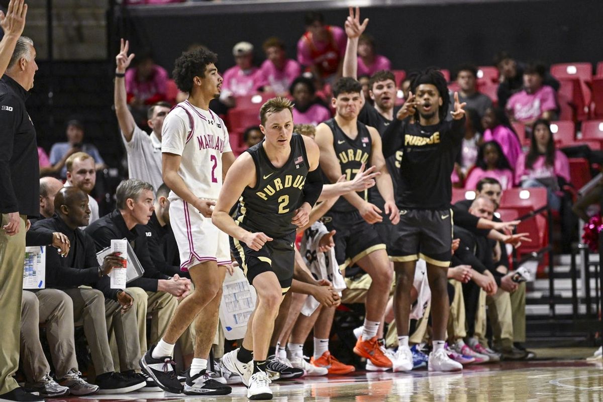 Feb 1, 2026; College Park, Maryland, USA;  Purdue Boilermakers bench reacts after Purdue Boilermakers guard Fletcher Loyer (2) makes a three point basket during the second  half against the Maryland Terrapins at Xfinity Center. Mandatory Credit: Tommy Gilligan-Imagn Images