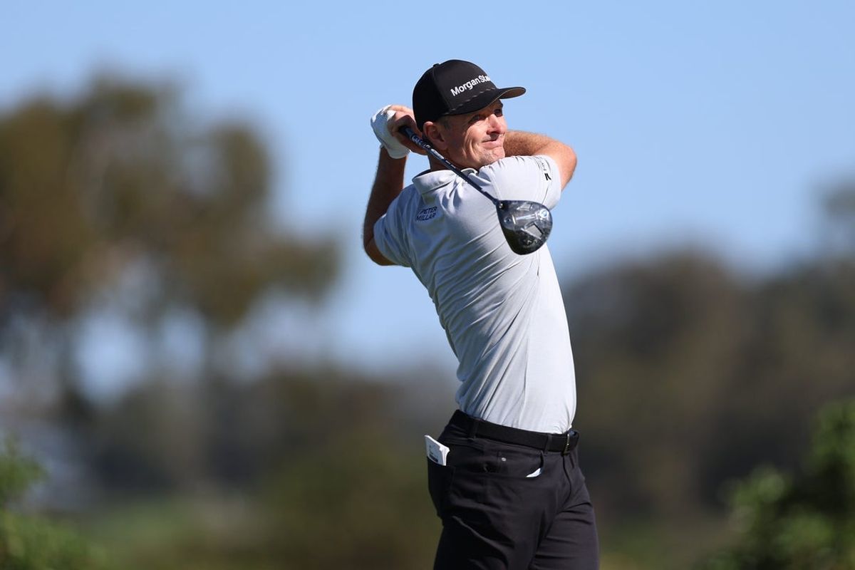 Feb 1, 2026; San Diego, California, USA; Justin Rose plays his shot from the fifth tee during the final round of the Farmers Insurance Open golf tournament at Torrey Pines Municipal Golf Course - South Course. Mandatory Credit: Abe Arredondo-Imagn Images