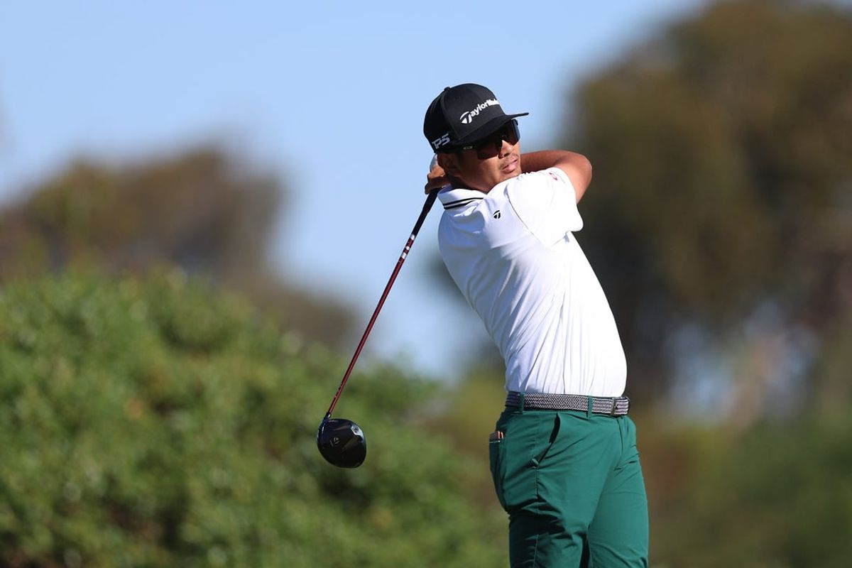 Feb 1, 2026; San Diego, California, USA; Ryo Hisatsune plays his shot from the fifth tee during the final round of the Farmers Insurance Open golf tournament at Torrey Pines Municipal Golf Course - South Course. Mandatory Credit: Abe Arredondo-Imagn Images