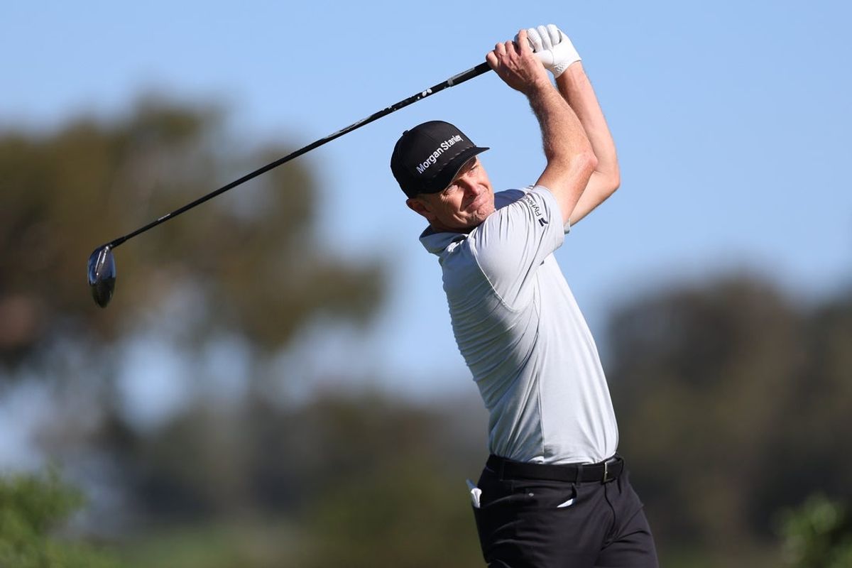 Feb 1, 2026; San Diego, California, USA; Justin Rose plays his shot from the fifth tee during the final round of the Farmers Insurance Open golf tournament at Torrey Pines Municipal Golf Course - South Course. Mandatory Credit: Abe Arredondo-Imagn Images