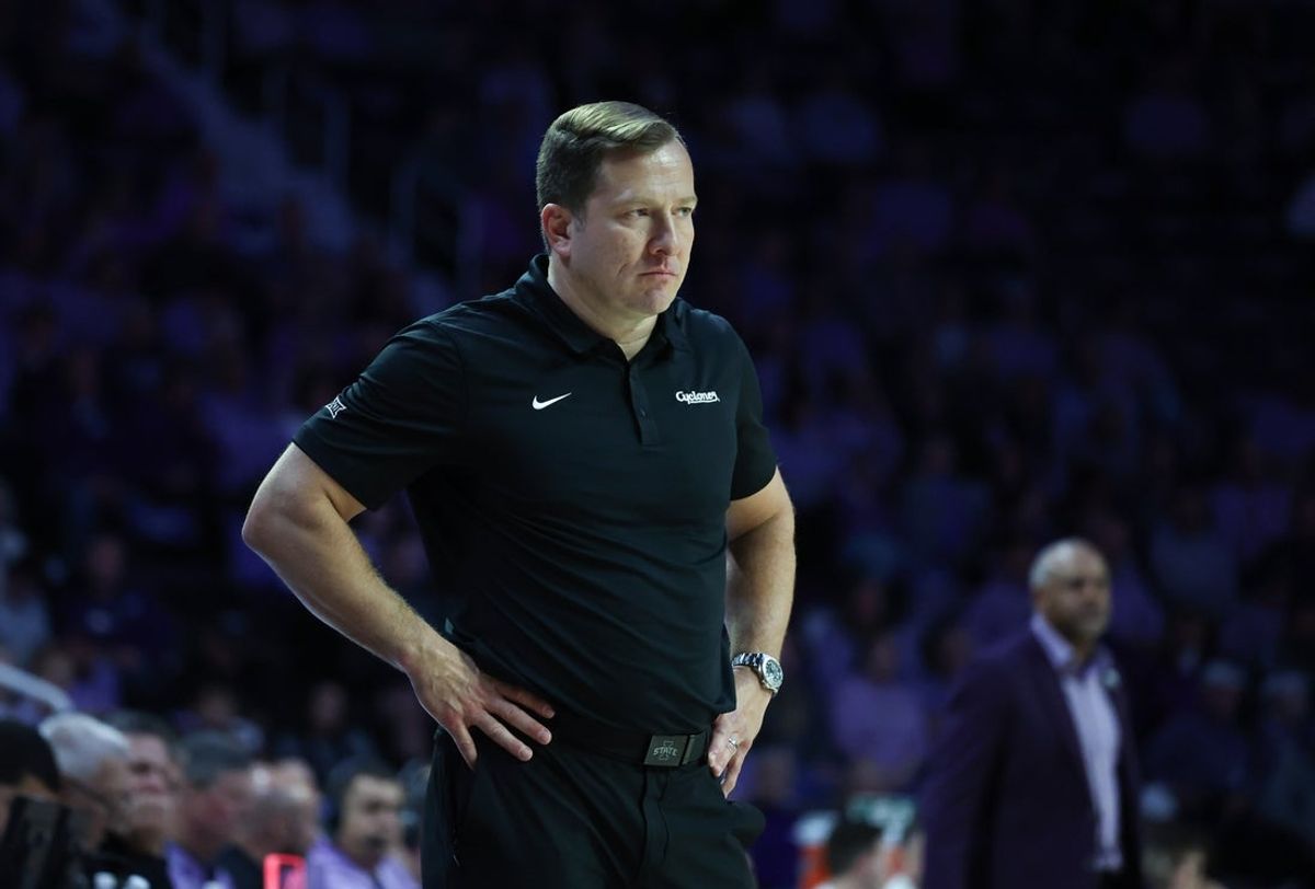 Feb 1, 2026; Manhattan, Kansas, USA; Iowa State Cyclones head coach T.J. Otzelberger watches his team during the second half against the Kansas State Wildcats at Bramlage Coliseum. Mandatory Credit: Scott Sewell-Imagn Images