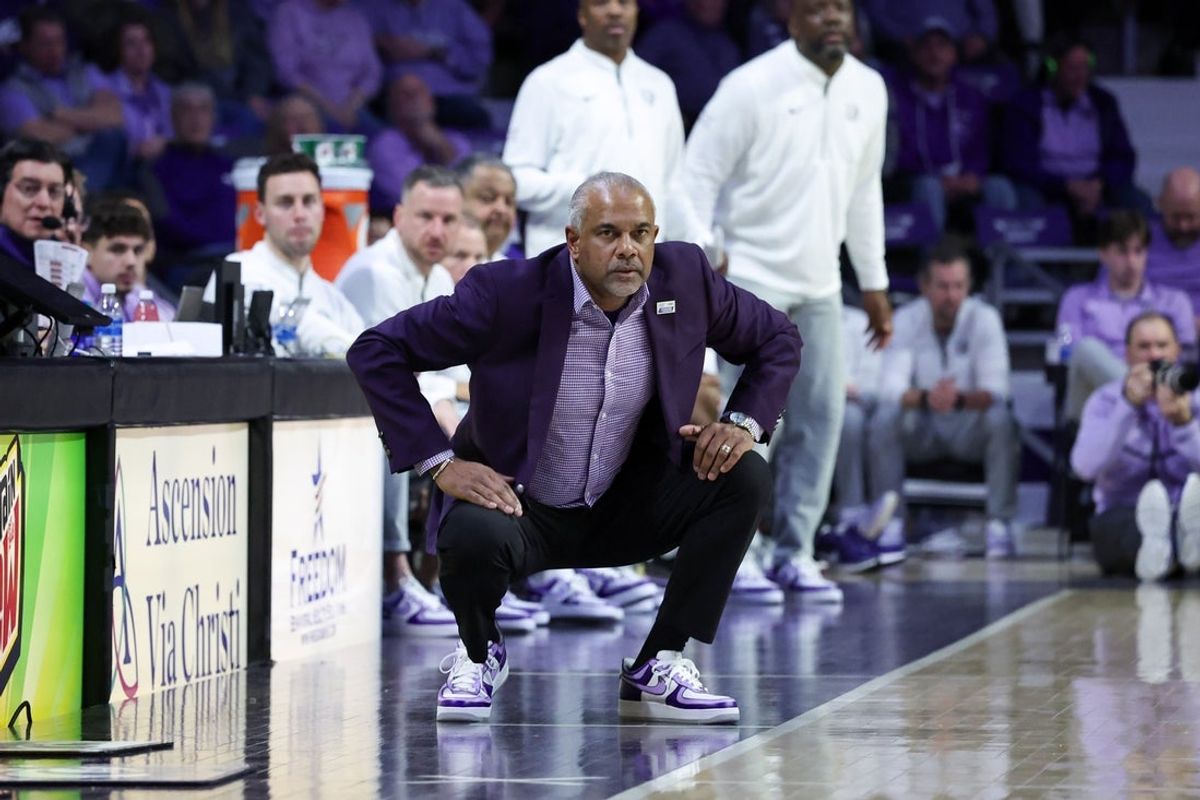Feb 1, 2026; Manhattan, Kansas, USA; Kansas State Wildcats head coach Jerome Tang looks on during the second half against the Iowa State Cyclones at Bramlage Coliseum. Mandatory Credit: Scott Sewell-Imagn Images