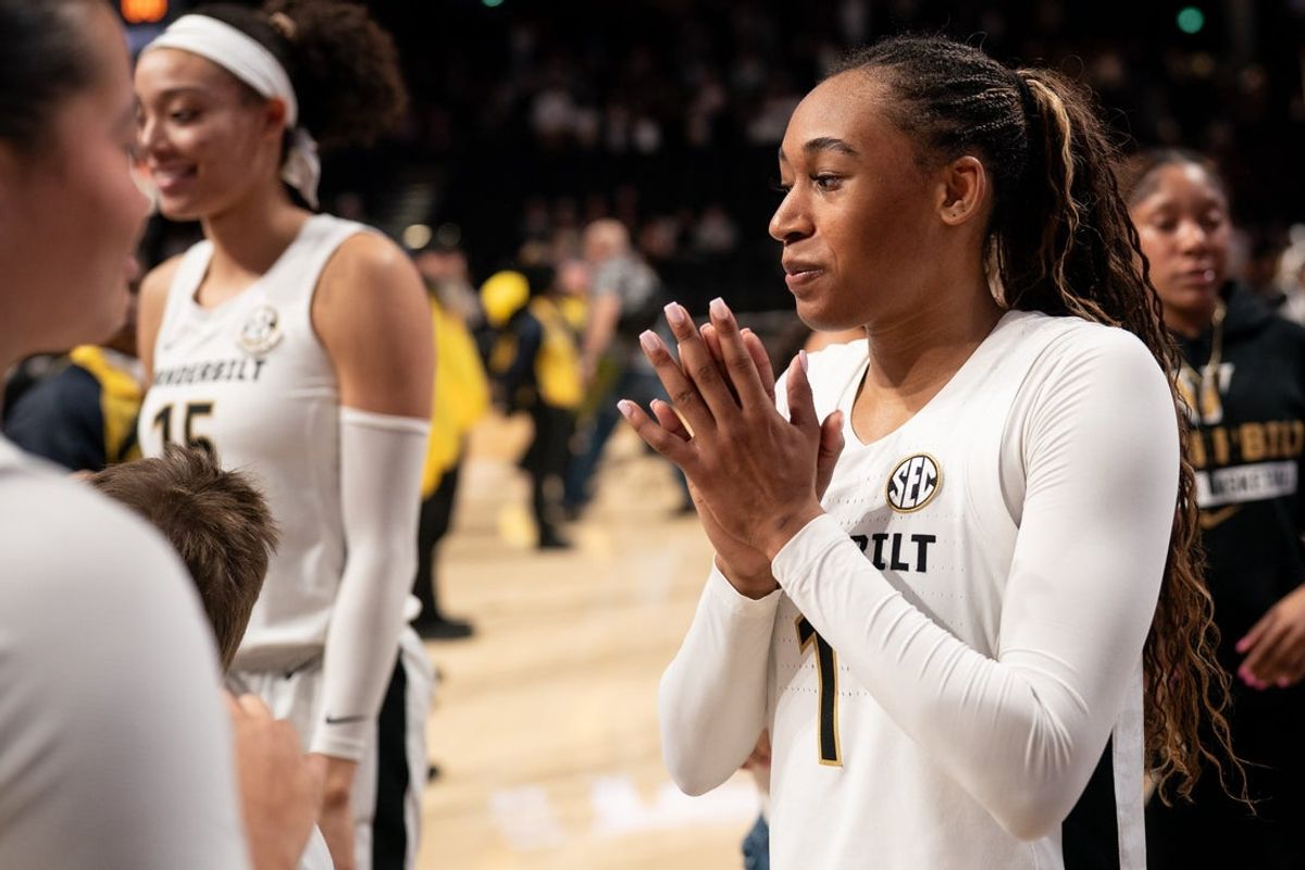 Vanderbilt guard Mikayla Blakes (1) celebrates after defeating Florida at Memorial Gymnasium in Nashville, Tenn., Sunday, Feb. 1, 2026.