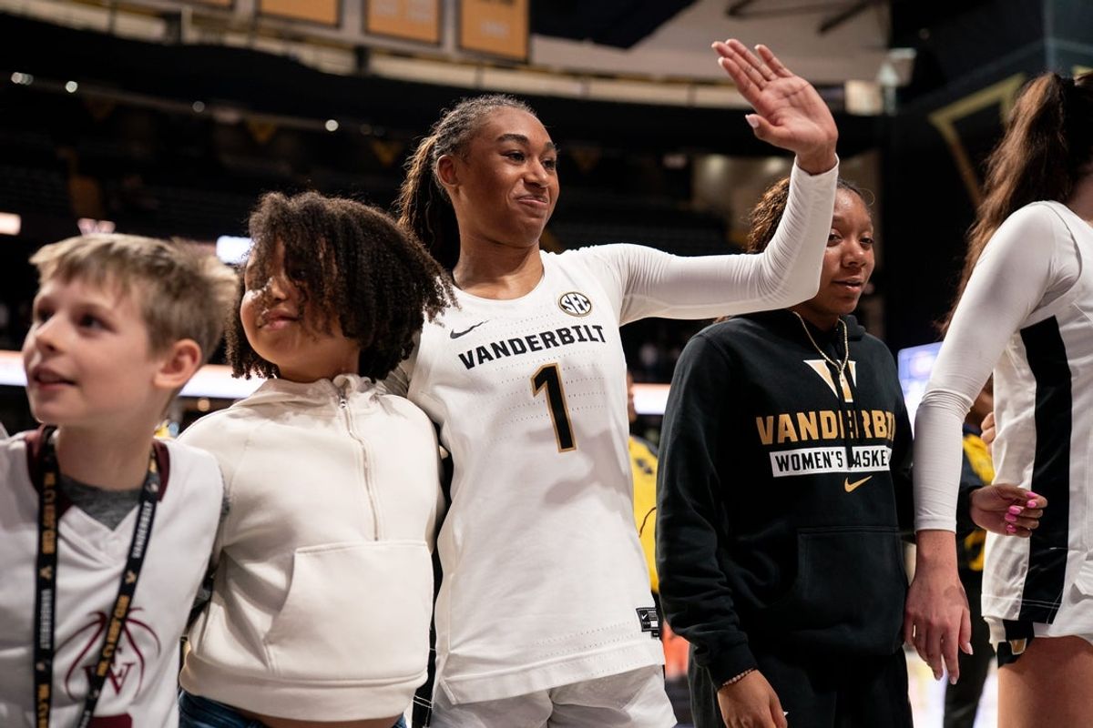 Vanderbilt guard Mikayla Blakes (1) celebrates after defeating Florida at Memorial Gymnasium in Nashville, Tenn., Sunday, Feb. 1, 2026.