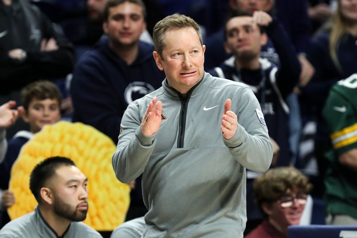 Feb 1, 2026; University Park, Pennsylvania, USA; Minnesota Golden Gophers head coach Niko Medved reacts from the bench during the second half against the Penn State Nittany Lions at Bryce Jordan Center. Mandatory Credit: Matthew O'Haren-Imagn Images