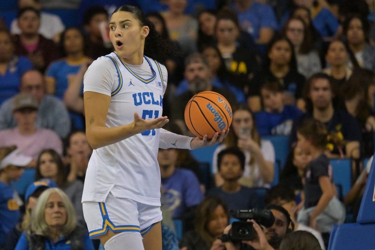 Feb 1, 2026; Los Angeles, California, USA;  UCLA Bruins center Lauren Betts (51) reacts after a foul call in the second half against the Iowa Hawkeyes at Pauley Pavilion presented by Wescom Financial. Mandatory Credit: Jayne Kamin-Oncea-Imagn Images