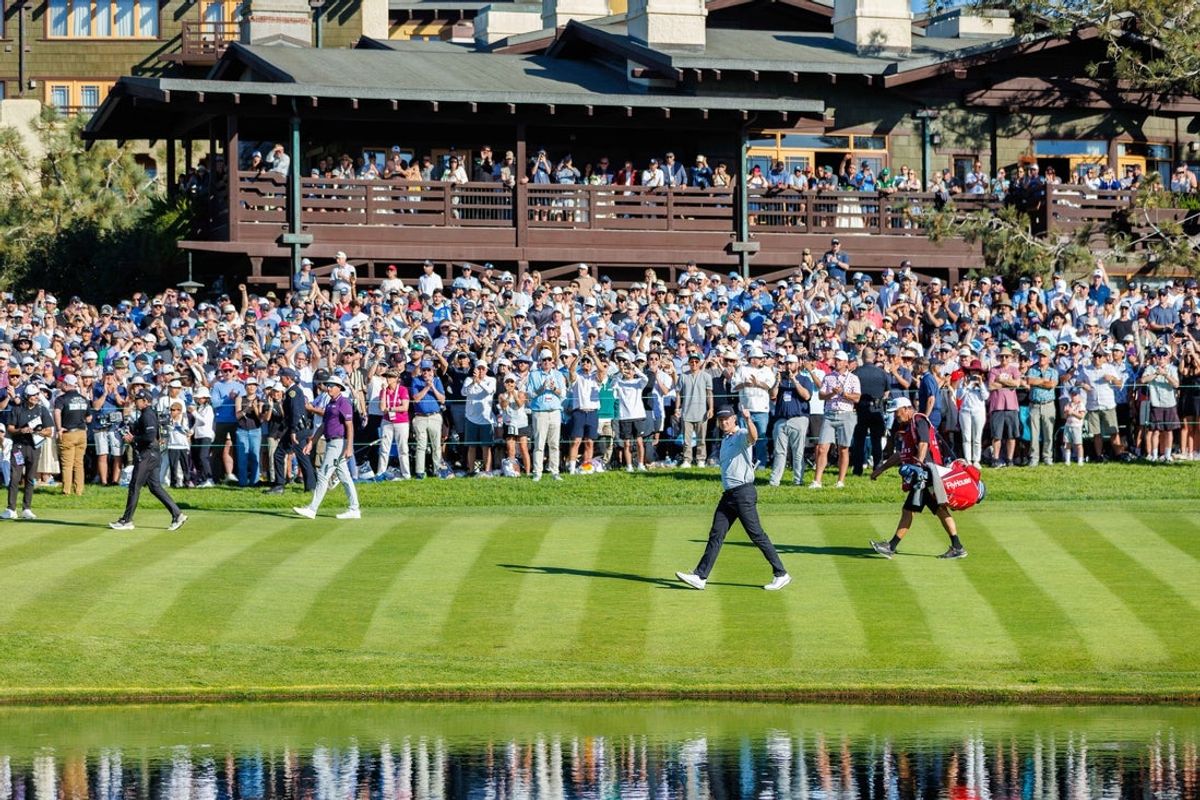 Feb 1, 2026; San Diego, California, USA; Justing Rose gives a thumbs up to the crowd on the 18th hole during the final round of the Farmers Insurance Open golf tournament at Torrey Pines Municipal Golf Course - South Course. Mandatory Credit: Abe Arredondo-Imagn Images
