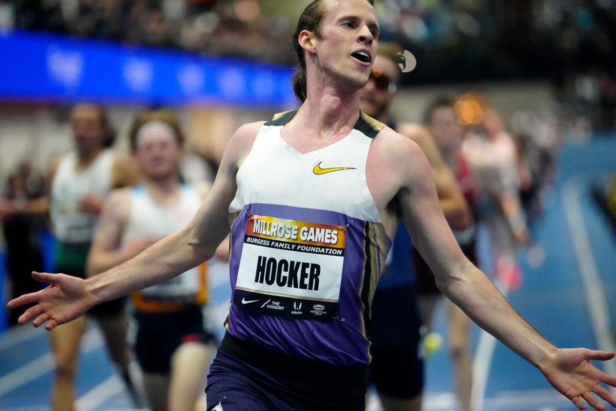 Cole Hocker is shown after winning the 3,000 meters, Sunday, February 1, 2026, at The Armory, during the Millrose Games.