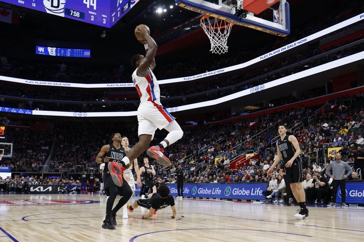 Feb 1, 2026; Detroit, Michigan, USA;  Detroit Pistons center Jalen Duren (0) dunks in the second half against the Brooklyn Nets at Little Caesars Arena. Mandatory Credit: Rick Osentoski-Imagn Images