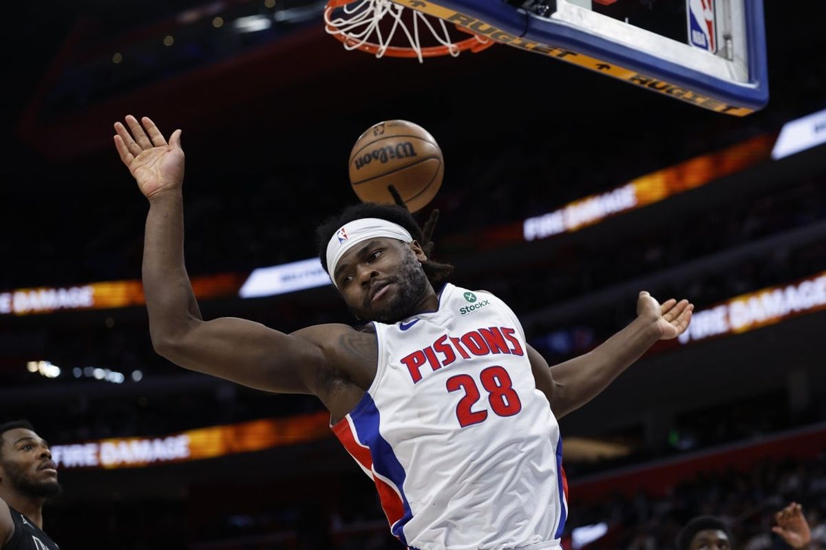 Feb 1, 2026; Detroit, Michigan, USA;  Detroit Pistons forward Isaiah Stewart (28) dunks in the second half against the Brooklyn Nets at Little Caesars Arena. Mandatory Credit: Rick Osentoski-Imagn Images
