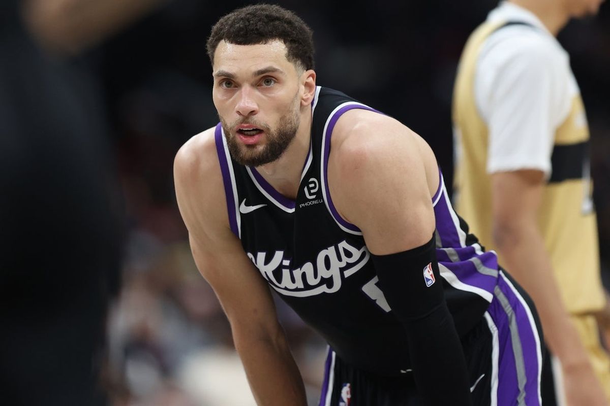 Feb 1, 2026; Washington, District of Columbia, USA; Sacramento Kings guard Zach LaVine (8) looks on during the second half against the Washington Wizards at Capital One Arena. Mandatory Credit: Daniel Kucin Jr.-Imagn Images