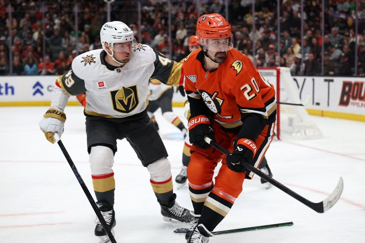 Feb 1, 2026; Anaheim, California, USA;  Anaheim Ducks left wing Chris Kreider (20) fights for the puck against Vegas Golden Knights left wing Ivan Barbashev (49) during the second period at Honda Center. Mandatory Credit: Kiyoshi Mio-Imagn Images