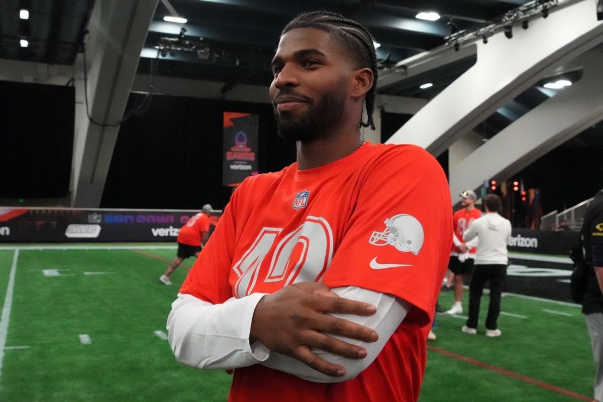 Browns quarterback Shadeur Sanders (12) during AFC practice  at the Flag Fieldhouse Moscone Center South Building. Mandatory Credit: Kirby Lee-Imagn Images