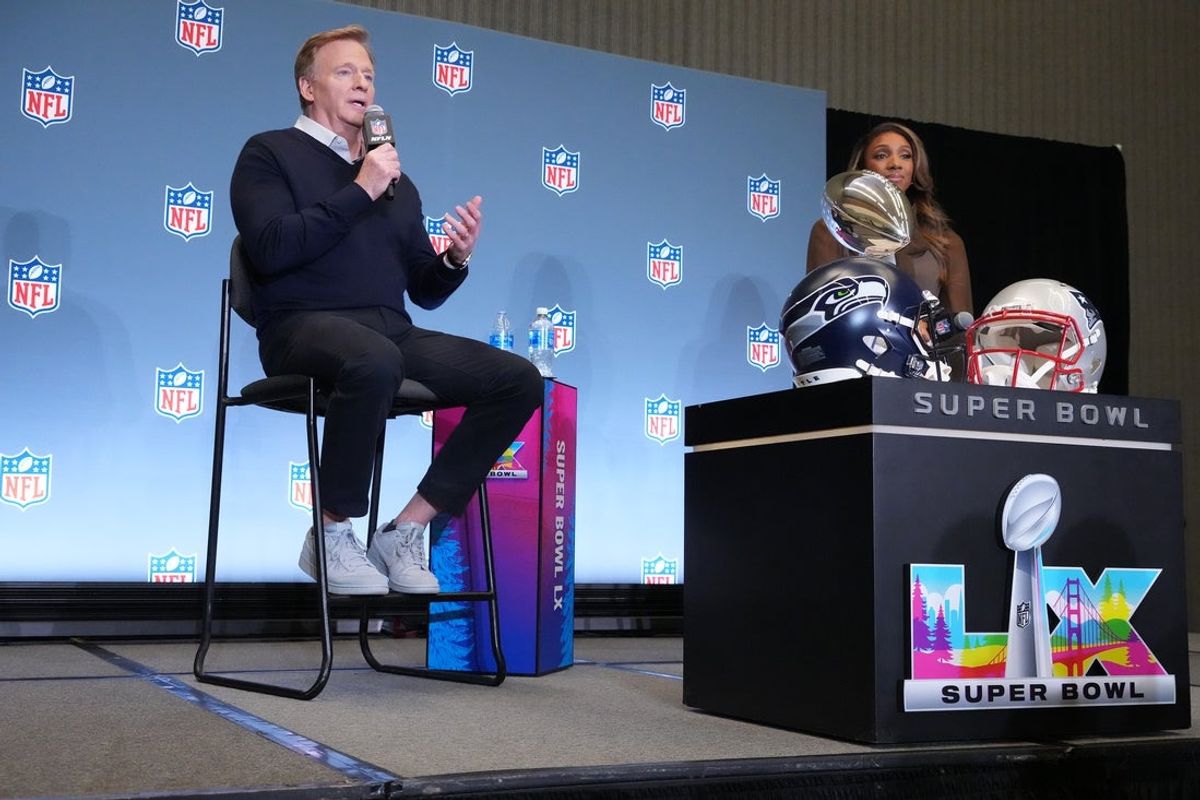 Feb 2, 2026; San Jose, CA, USA; NFL Commissioner Roger Goodell speaks to the media at San Jose Convention Center. Mandatory Credit: Kirby Lee-Imagn Images