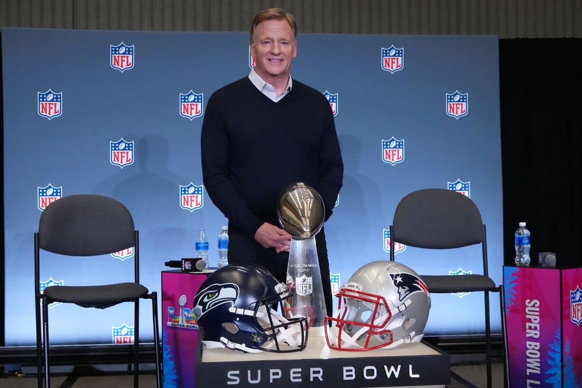 Feb 2, 2026; San Jose, CA, USA; NFL Commissioner Roger Goodell pose for a photograph at San Jose Convention Center. Mandatory Credit: Kirby Lee-Imagn Images