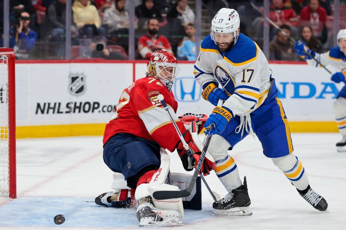 Feb 2, 2026; Sunrise, Florida, USA; Florida Panthers goaltender Sergei Bobrovsky (72) makes a save against Buffalo Sabres left wing Jason Zucker (17) during the second period at Amerant Bank Arena. Mandatory Credit: Sam Navarro-Imagn Images