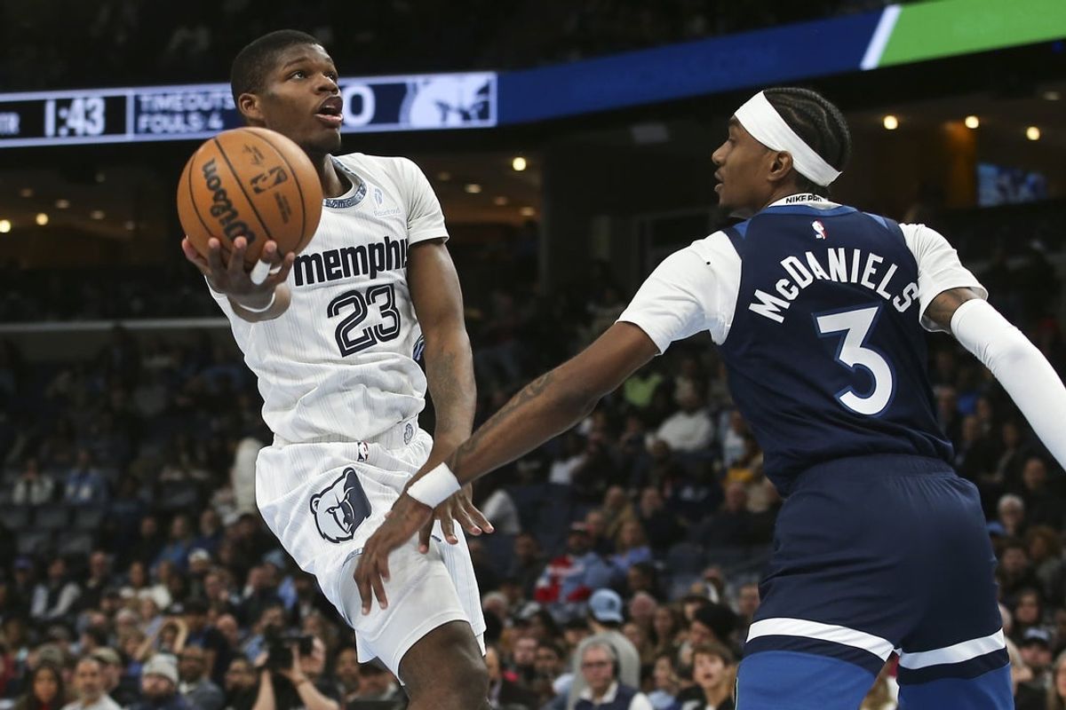 Feb 2, 2026; Memphis, Tennessee, USA; Memphis Grizzlies forward Cedric Coward (23) shoots as Minnesota Timberwolves forward Jaden McDaniels (3) defends during the second quarter at FedExForum. Mandatory Credit: Petre Thomas-Imagn Images