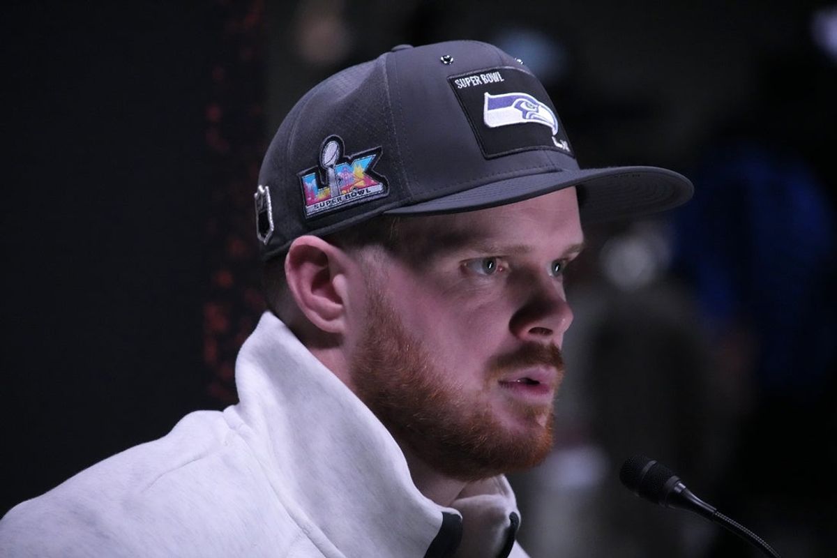 Feb 2, 2026; San Jose, CA, USA; Seattle Seahawks quarterback Sam Darnold (14) during Opening Night for Super Bowl LX at San Jose Convention Center. Mandatory Credit: Kirby Lee-Imagn Images