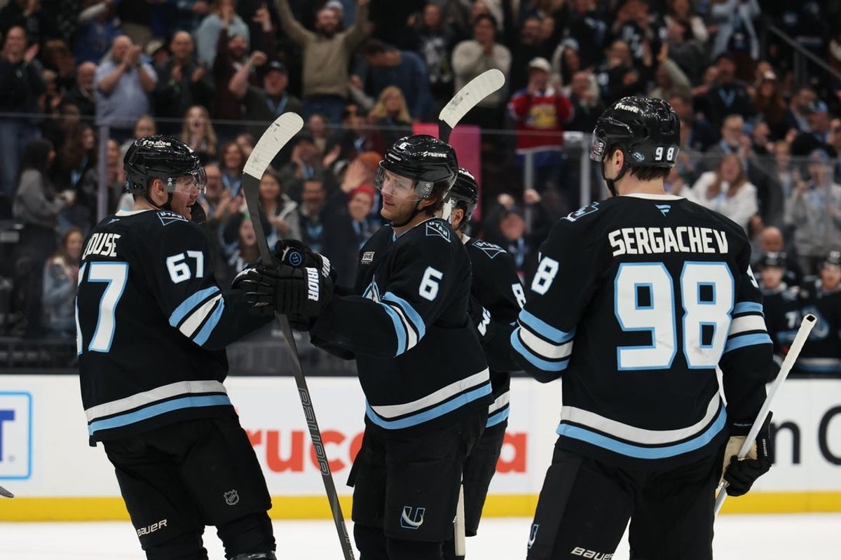 Feb 2, 2026; Salt Lake City, Utah, USA; The Utah Mammoth celebrate a goal by left wing Lawson Crouse (67) during the second period against the Vancouver Canucks at Delta Center. Mandatory Credit: Rob Gray-Imagn Images