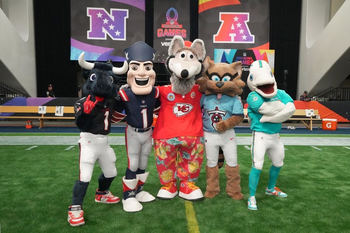 Feb 2, 2026; San Francisco, CA, USA; Houston Texans, New England Patriots, Kansas City Chiefs, Tennessee Titans and Miami Dolphins mascots pose during AFC practice at the NFL Flag Fieldhouse at Moscone Center South Building. Mandatory Credit: Kirby Lee-Imagn Images