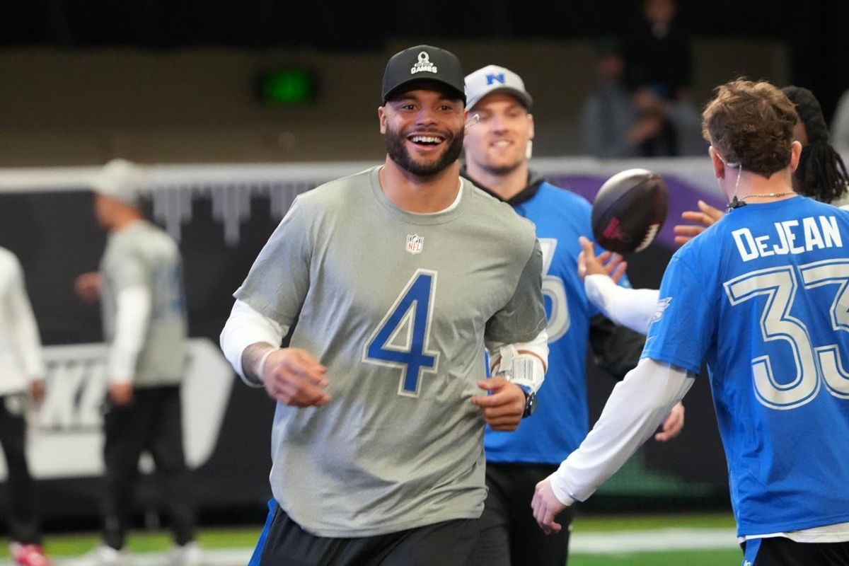Feb 2, 2026; San Francisco, CA, USA; Dallas Cowboys quarterback Dak Prescott (4) during NFC practice at the NFL Flag Fieldhouse at Moscone Center South Building. Mandatory Credit: Kirby Lee-Imagn Images