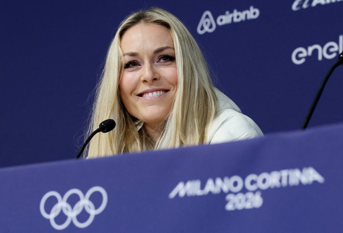 [US, Mexico & Canada customers only] Feb 3, 2026; Cortina d'Ampezzo, ITALY; Lindsey Vonn attends a press conference at a press conference at the Cortina Curling Olympic Stadium in preparation for the Milano Cortina 2026 Olympic Winter Games. Mandatory Credit: Leonhard Foeger/Reuters via Imagn Images