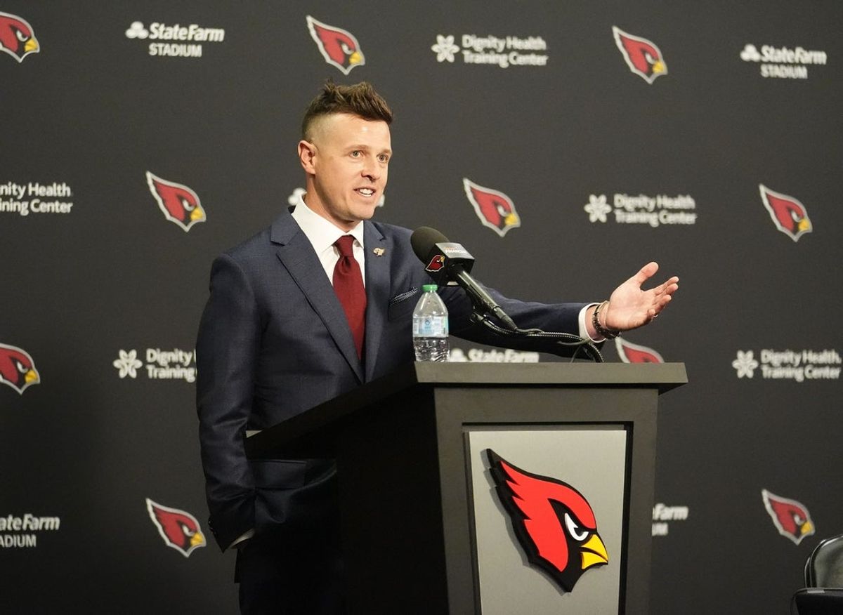 Arizona Cardinals new head coach Mike LaFleur at a news conference on Feb. 3, 2026, at Arizona Cardinals training center in Tempe.