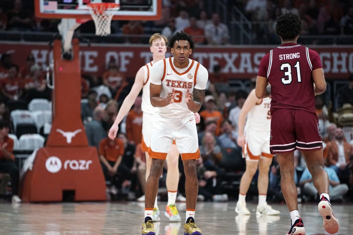 Feb 3, 2026; Austin, Texas, USA; Texas Longhorns guard Dailyn Swain (3) celebrates a basket during the first half against the South Carolina Gamecocks at Moody Center. Mandatory Credit: Dustin Safranek-Imagn Images