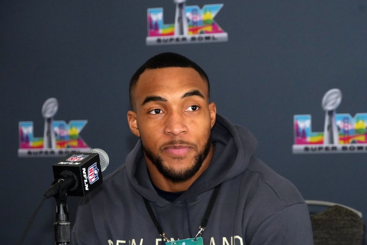 Feb 3, 2026; Santa Clara, CA, USA; New England Patriots running back Treveyon Henderson speaks to the media during Super Bowl LX press conference at Santa Clara Marriott. Mandatory Credit: Kirby Lee-Imagn Images
