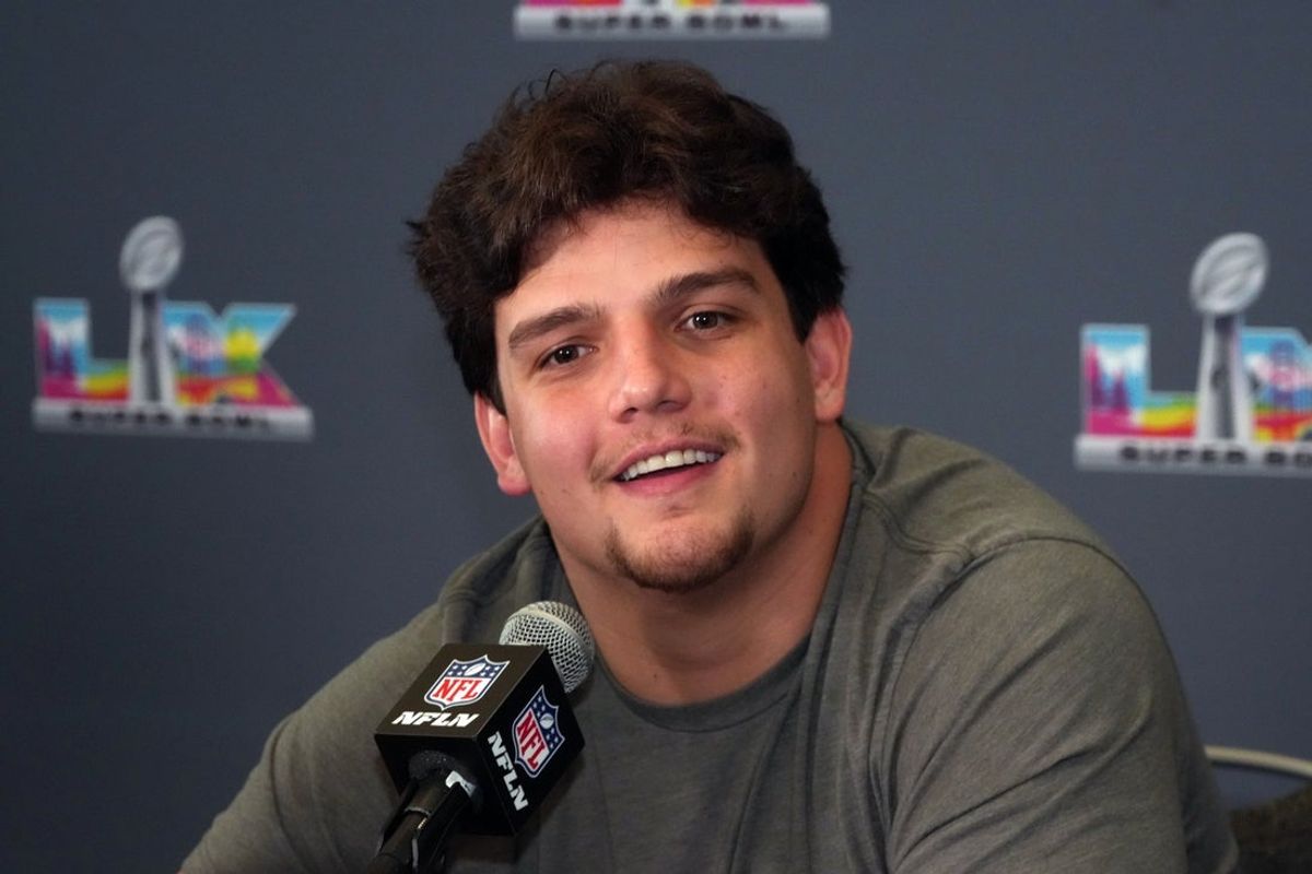 Feb 3, 2026; Santa Clara, CA, USA; New England Patriots offensive tackle Will Campbell speaks to the media during Super Bowl LX press conference at Santa Clara Marriott. Mandatory Credit: Kirby Lee-Imagn Images