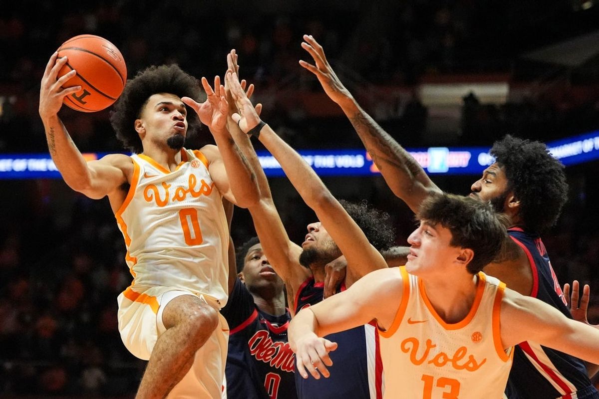 Tennessee guard Ja’Kobi Gillespie (0) attempts to score during an NCAA college basketball game against Ole Miss on February 3, 2026, in Knoxville, Tennessee.