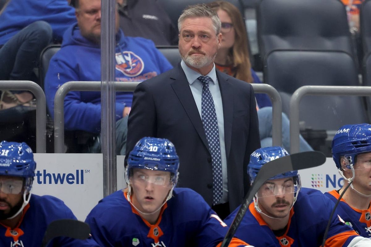 Feb 3, 2026; Elmont, New York, USA; New York Islanders head coach Patrick Roy coaches against the Pittsburgh Penguins during the first period at UBS Arena. Mandatory Credit: Brad Penner-Imagn Images