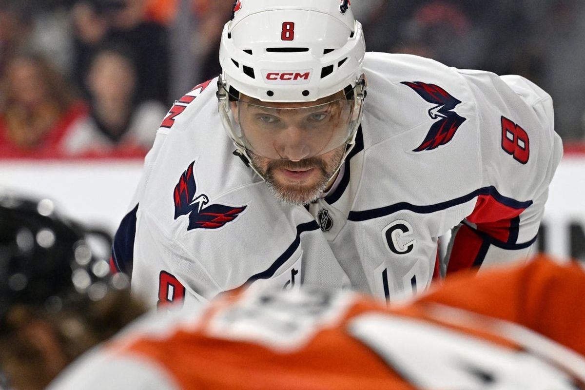 Feb 3, 2026; Philadelphia, Pennsylvania, USA; Washington Capitals left wing Alex Ovechkin (8) against the Philadelphia Flyers during the second period at Xfinity Mobile Arena. Mandatory Credit: Eric Hartline-Imagn Images